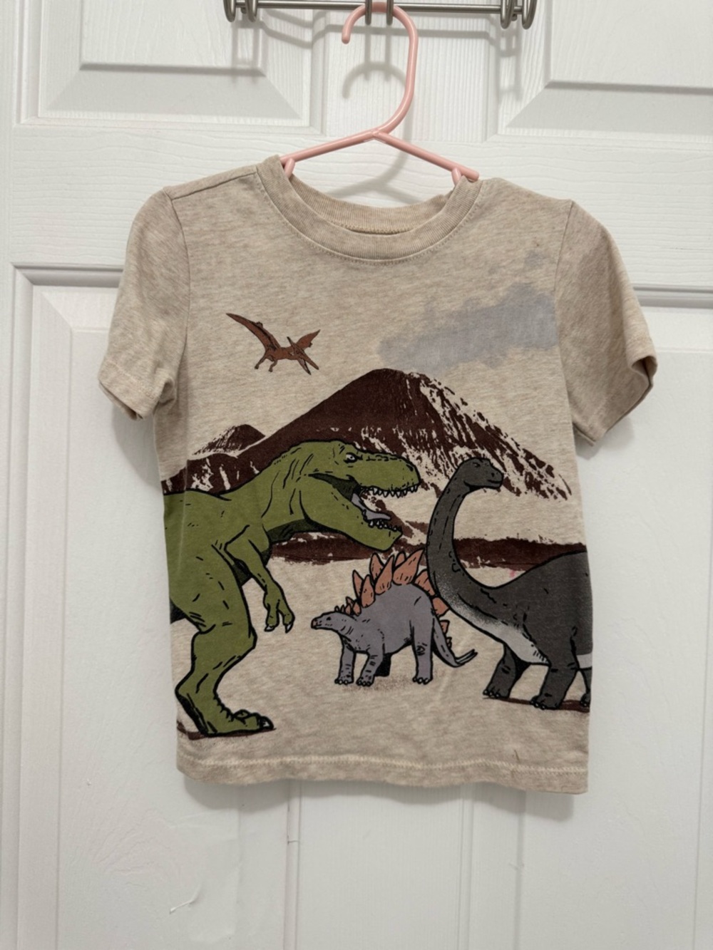 Garanimals Beige Tee with Green, Gray and Brown Dinosaur Graphics *small stain*
